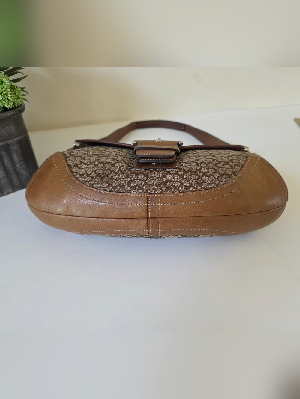 Coach Soho Signature Large Flap Shoulder Bag Brown Jacquard Canvas Leather Trim - Picture 9 of 16